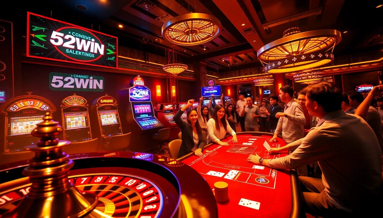 Players enjoying a thrilling poker table experience with 52WIN branding in a luxurious casino setting.