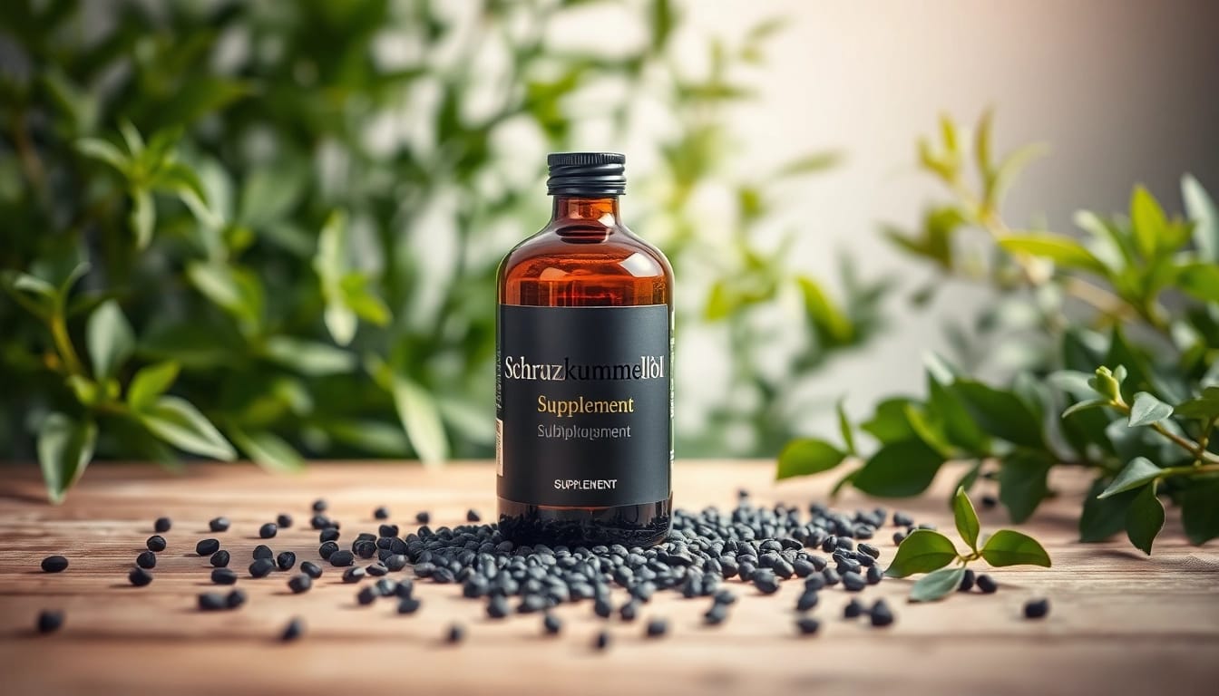 Schwarzkümmelöl Supplement in an elegant setup with black cumin seeds.