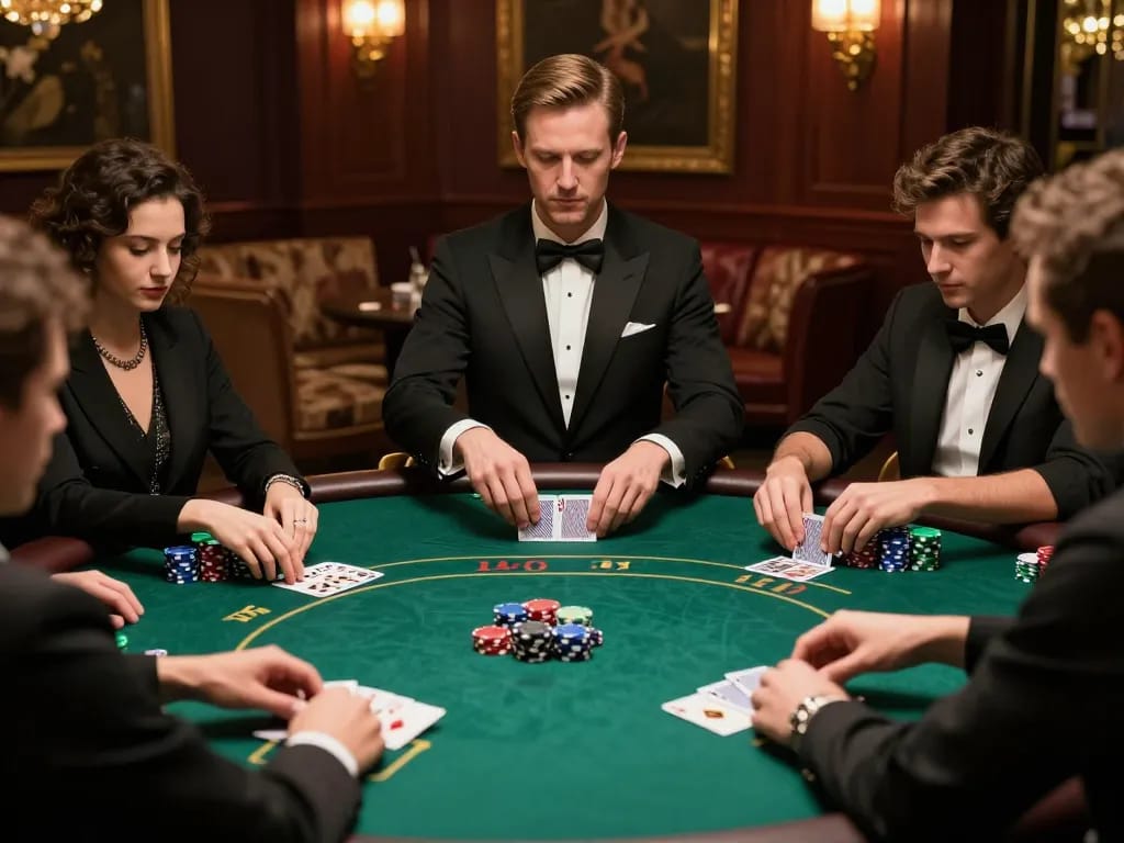 Hit club players strategizing during an intense poker game at an upscale casino table.