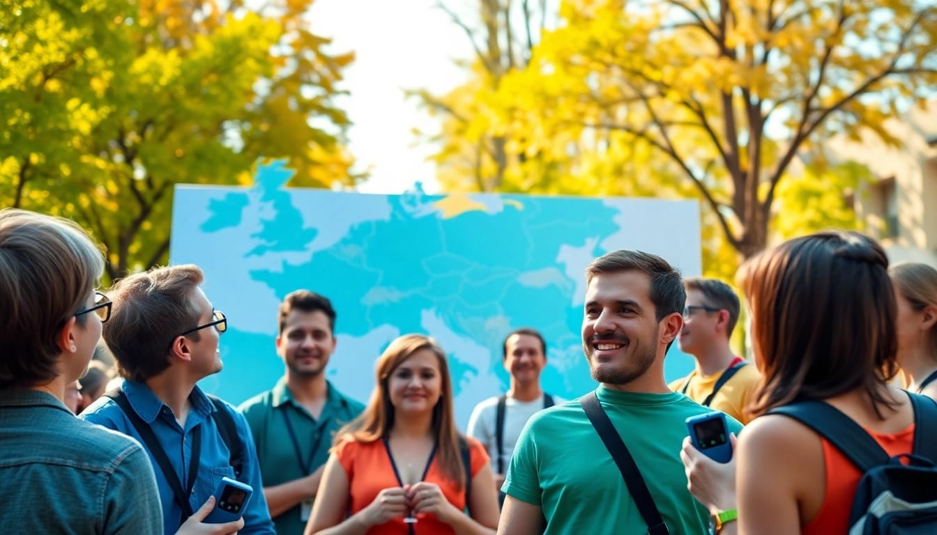 Begeisterte Teilnehmer am Europa Quiz mit einer großen Europakarte im Hintergrund.