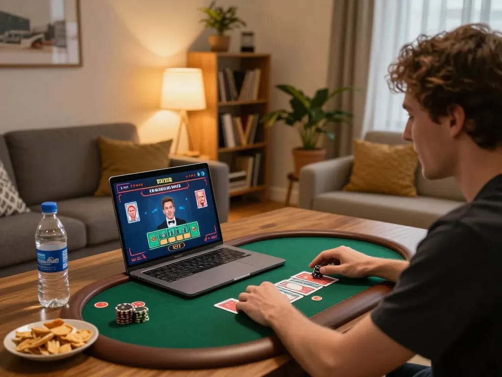 King88 player enjoying a live dealer game on a laptop, showcasing an exciting home gaming atmosphere