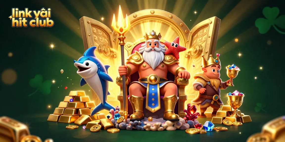 Experience the excitement of link vào hit club with playful characters and treasure in this vibrant casino illustration.
