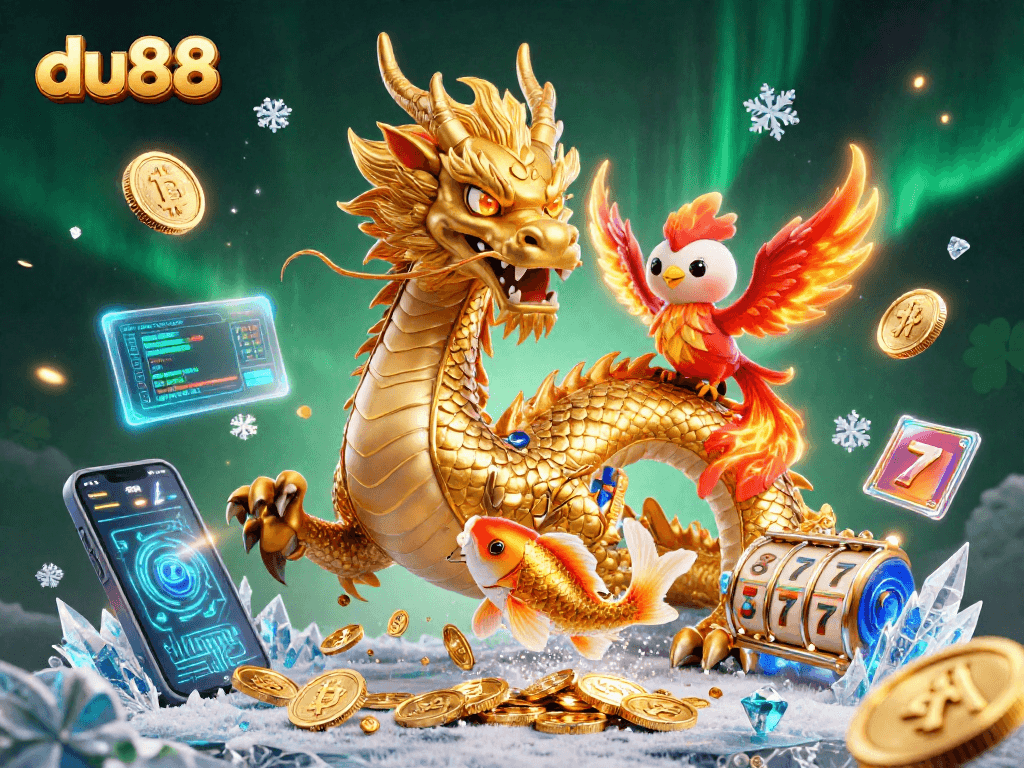 Experience thrilling wins with du88, featuring a dragon, phoenix, and koi fish in a vibrant casino scene.