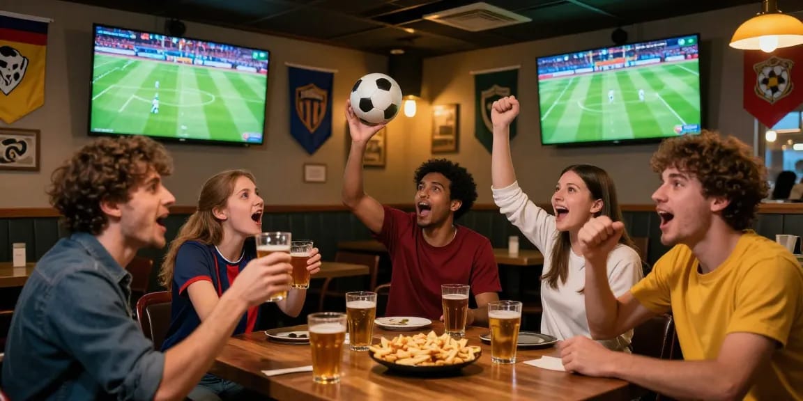Gesellige Atmosphäre beim Fussball Wetten ohne Oasis in einem Sportsbar mit jubelnden Fans und Live-Übertragung