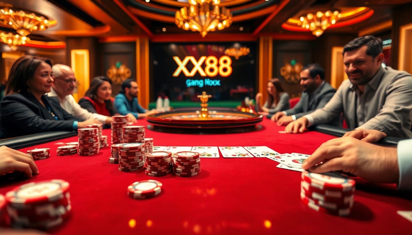 Excited players enjoy an immersive poker game at the luxurious XX88 casino table.