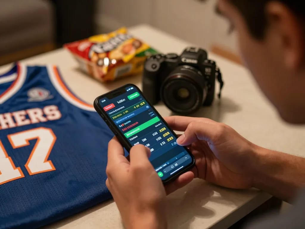 Tỷ lệ kèo nhà cái hôm nay displayed on smartphone during live sports betting session at home.