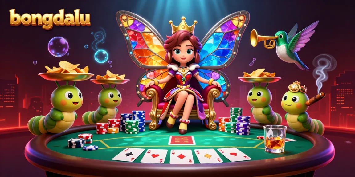 Bongdalu captures the excitement of gaming with a butterfly queen and vibrant poker elements.