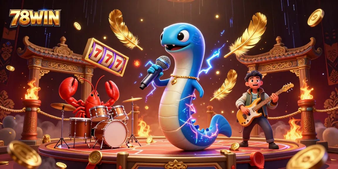 Experience thrilling winnings at 78WIN with a vibrant underwater casino scene featuring a DJ eel and rockstar sea creatures.