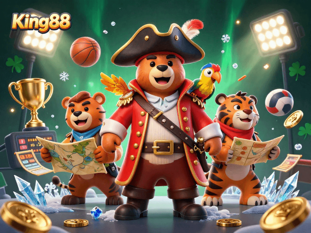 Bet on exciting games at King88, featuring a vibrant casino scene with dynamic sports elements and engaging characters.