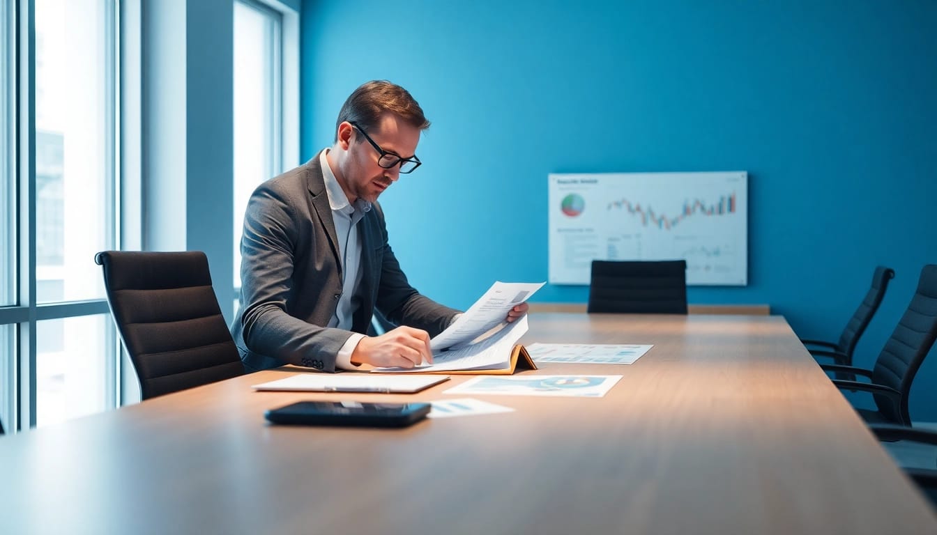 Berater für Unternehmensberatung analysiert Daten in einem modernen Büro mit professionellem Umfeld.