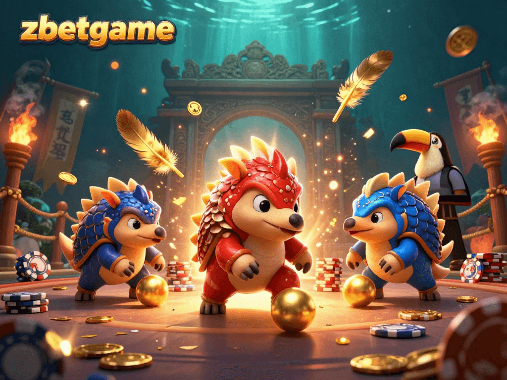 Zbetgame features vibrant pangolins in a casino showdown amidst fiery decorations and golden tokens.