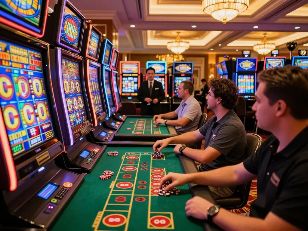 Players engaging at a lively nổ hũ gaming area in a luxurious casino, showcasing excitement and strategy.