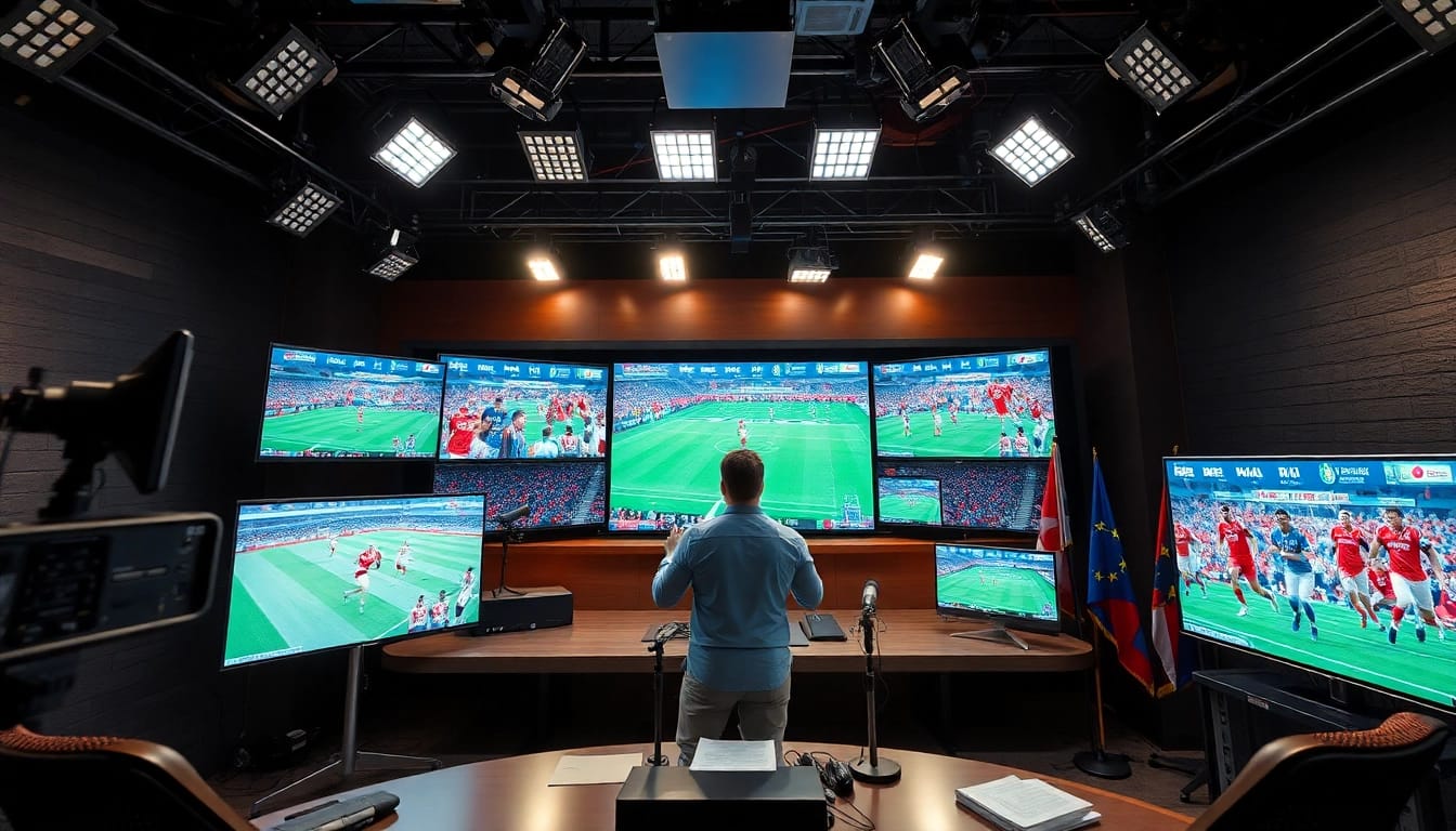 Engaging sports broadcasting scene highlighting a dynamic presenter in an energized studio setting.