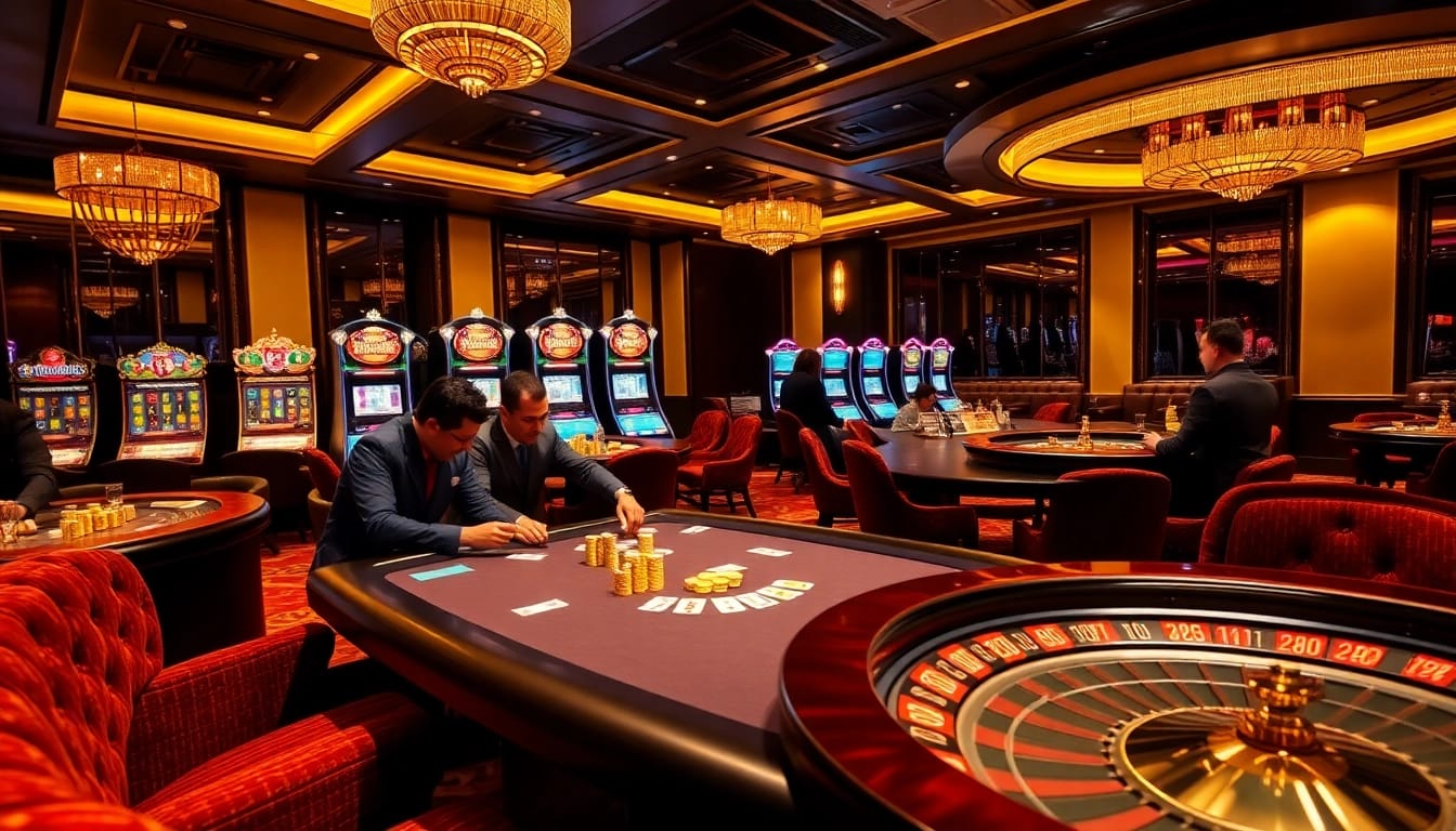 Players enjoying high-stakes poker at qq88 co com casino with vibrant slot machines.