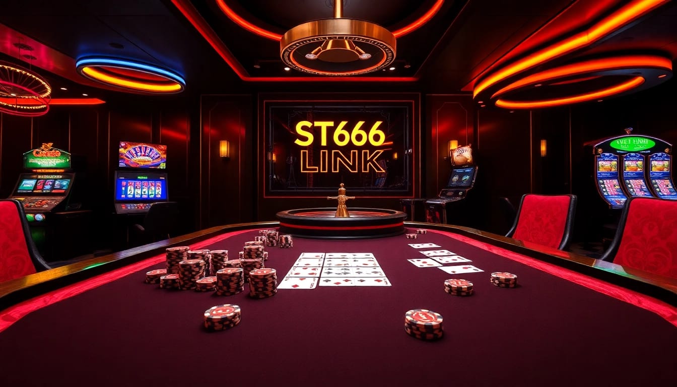 Engage in thrilling gameplay with the ST666 LINK in a vibrant casino atmosphere featuring poker tables and roulette.