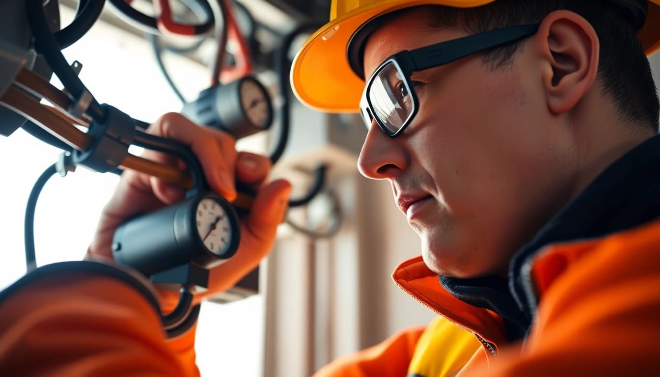 Technician conducting a DGUV V3 Prüfung inspection of electrical equipment with precision tools.