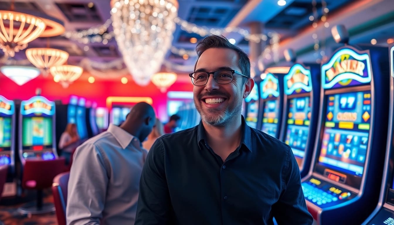 Spieler freut sich über einen Casino Bonus beim Spielen an einem Spielautomaten in einem lebhaften Casino.