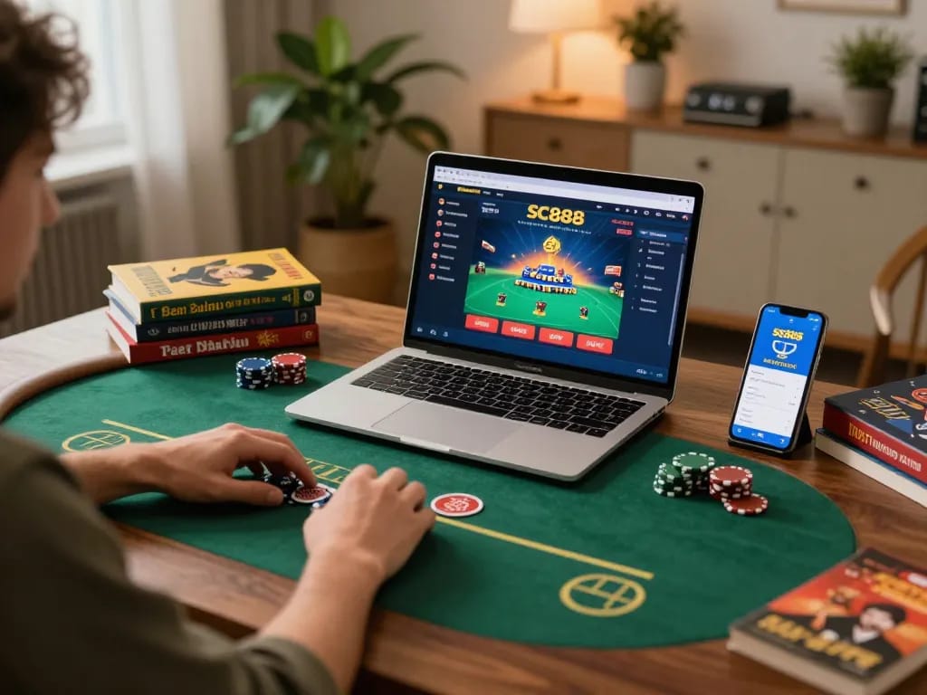 Player engaged in SC888 online poker game, surrounded by gaming strategies, comfortable home setting