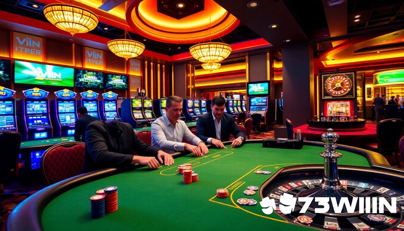 Experience the thrill of 78WIN in a vibrant, upscale casino scene featuring poker tables and slot machines.