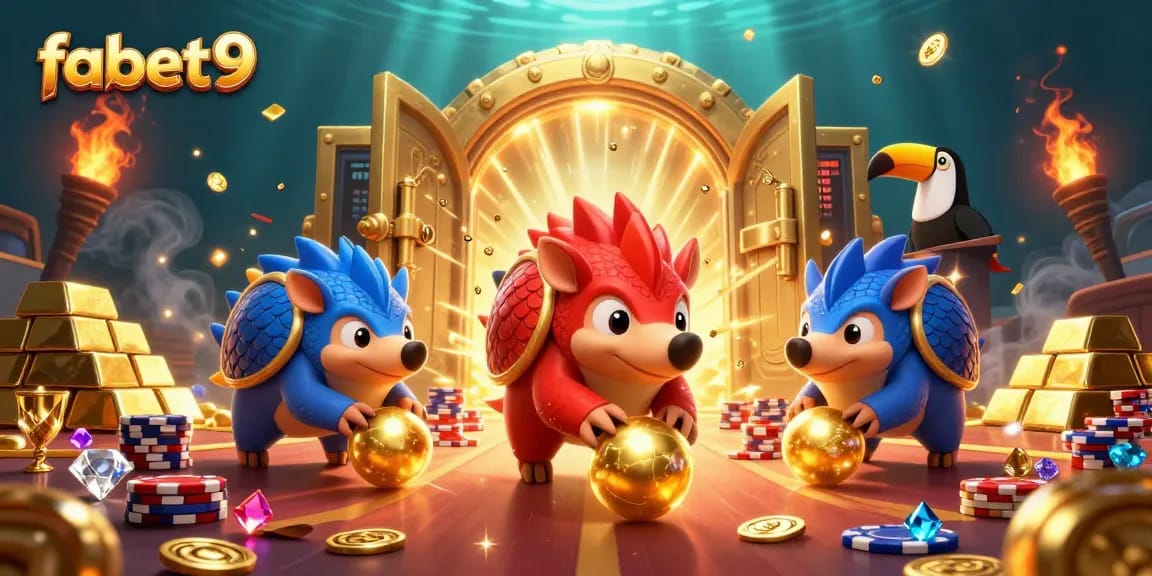 Fabet9 pangolins roll through poker chips, showcasing vibrant casino action and excitement.