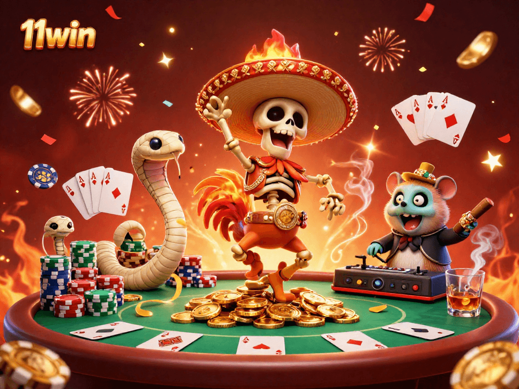 Experience the thrill of gaming at 11win, featuring poker excitement with vibrant characters and casino elements.
