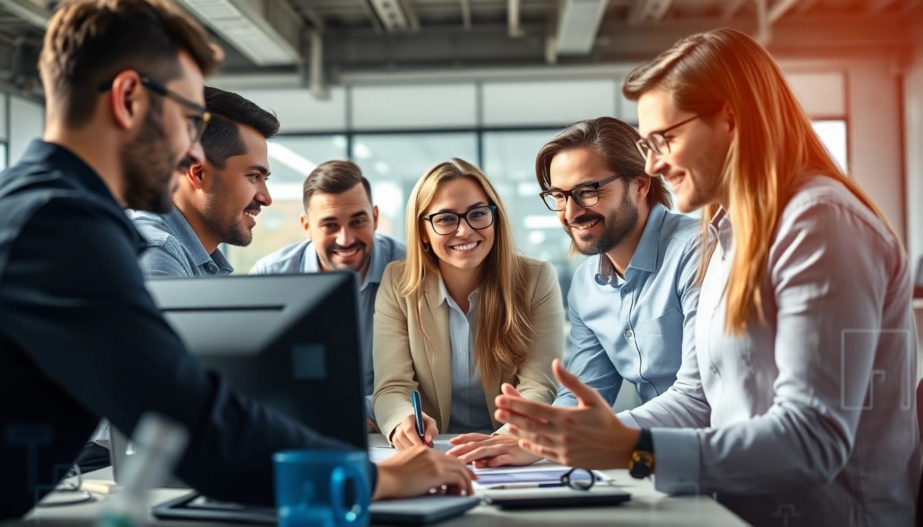 Software Hilfe nutzen in einem modernen Büro mit Teamarbeit.