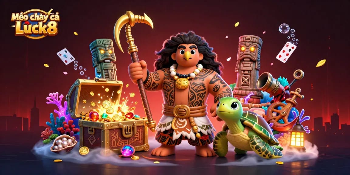 Mẹo chơi bắn cá Luck8 reveals a playful underwater scene with a hawk demigod, turtle, and vibrant ocean elements.