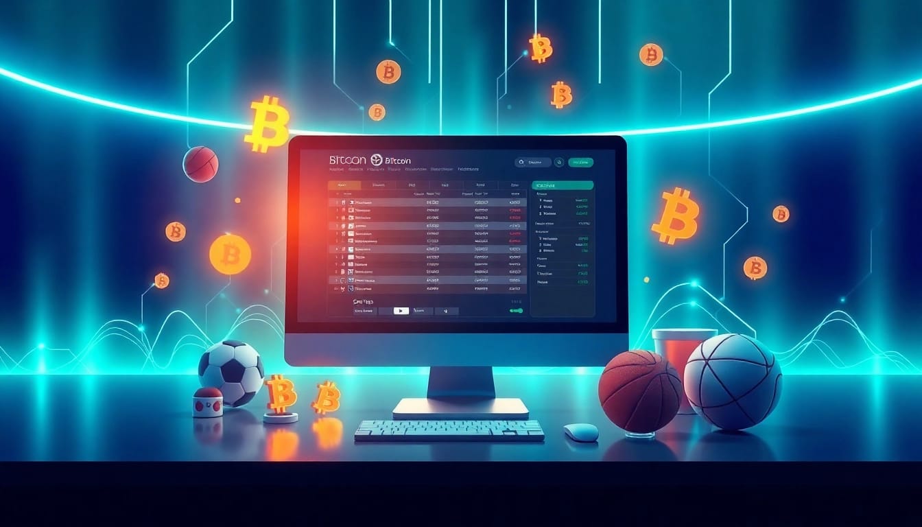 Explore betting sites that accept bitcoin through an exciting, high-tech betting interface surrounded by sports elements.
