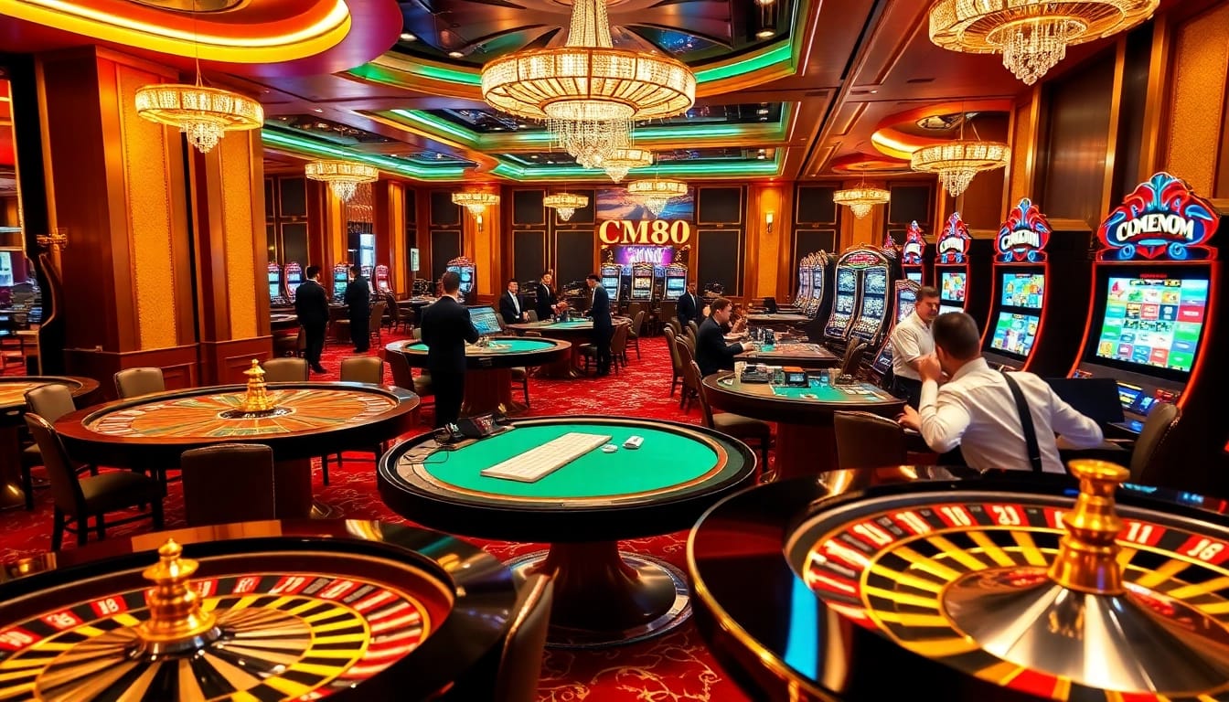 Experience the excitement of CM88.COM with vibrant casino elements like poker chips and roulette wheels.