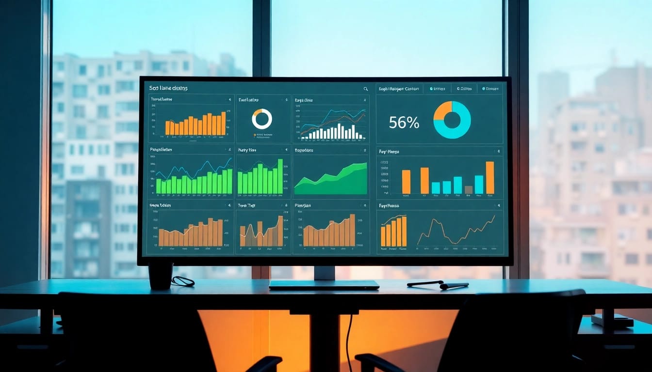 Visualisieren Sie ein modernes Dashboard zur Analyse des SEO-Rankings mit Grafiken und Diagrammen.