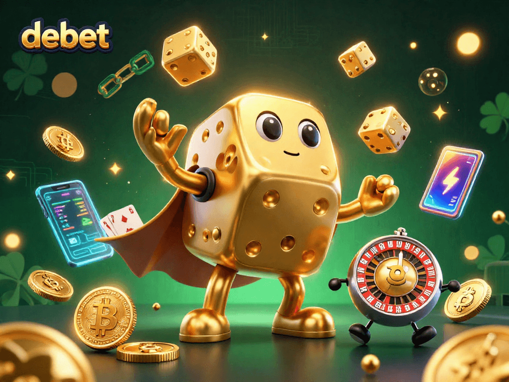 Experience winning strategies at debet with dynamic dice and Bitcoin symbols in this vibrant casino illustration.