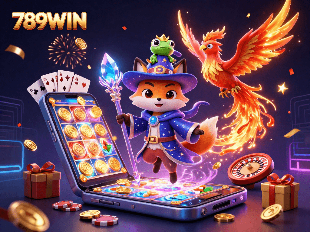 Win big with 789WIN through engaging 3D illustration featuring a wizard fox and a phoenix in a vibrant casino setting.