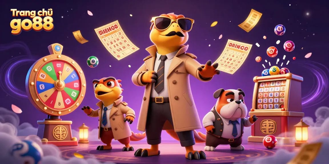 Experience thrilling gameplay at Trang chủ go88 with three cartoon raptors entering a casino lounge.