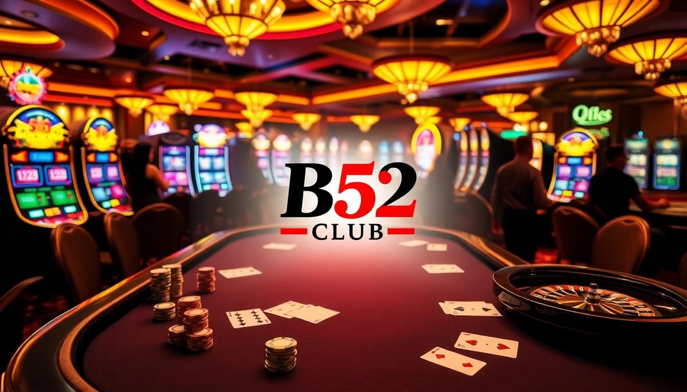 Exciting gameplay at B52 Club with poker chips and roulette wheel in a luxurious casino setting.