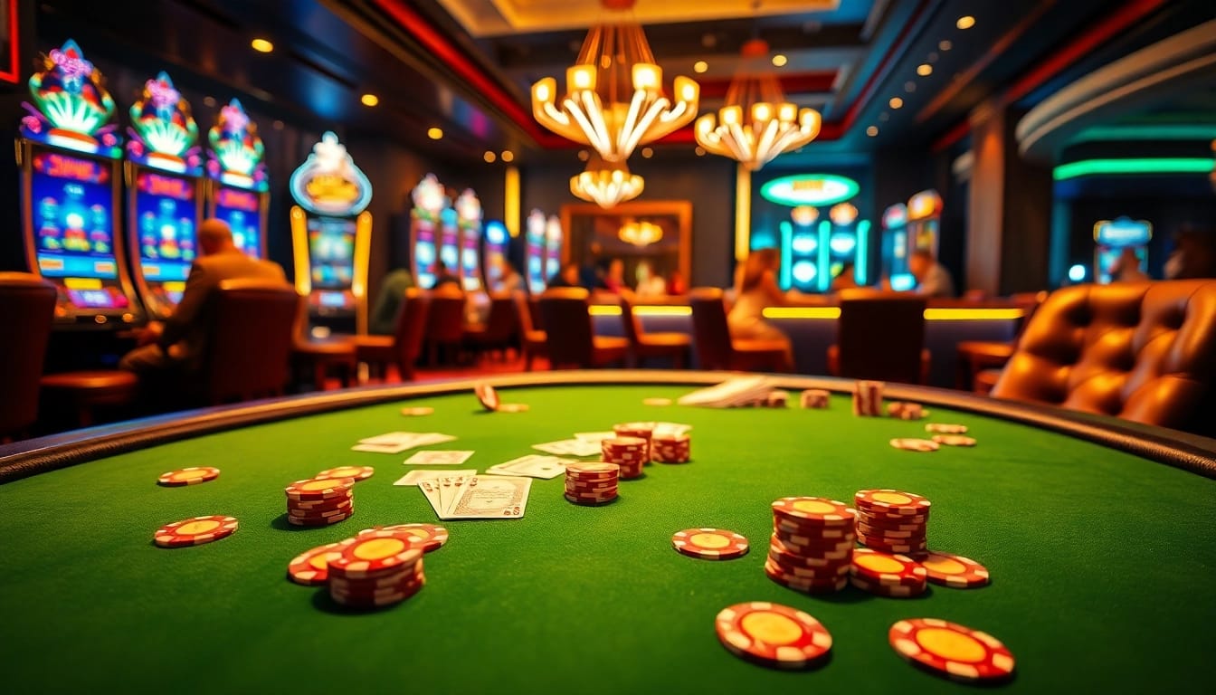 Exciting casino atmosphere at 789f, showcasing a high-stakes poker table and vibrant slot machines.