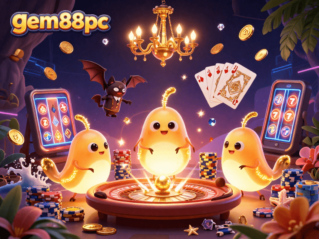 Experience gem88pc's vibrant cave casino with glowing worms and casino action.