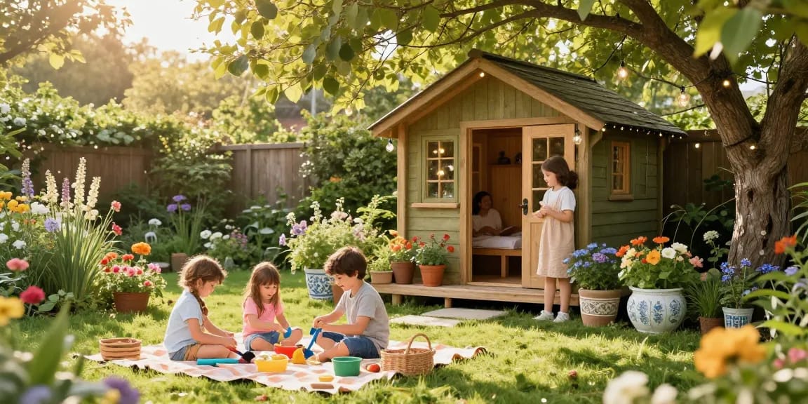 Gartenhäuser aus Holz in blühendem Garten mit spielenden Kindern und einem Picknick.