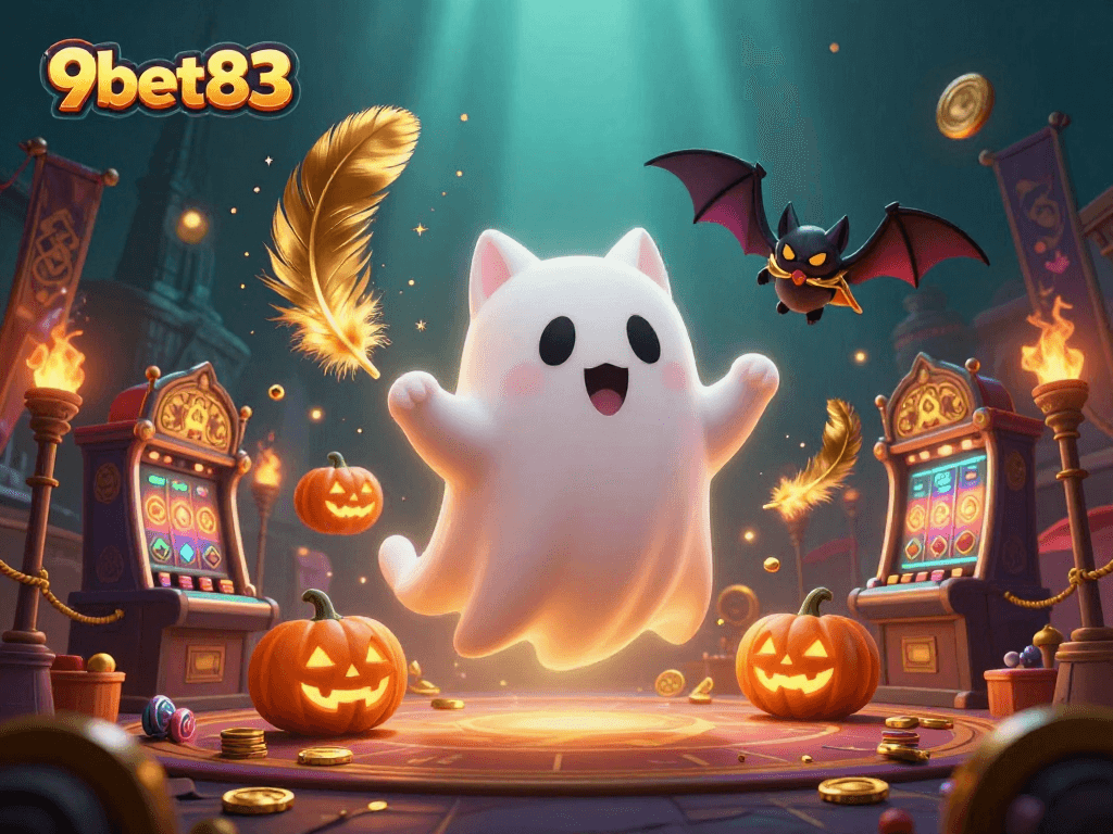 Experience exciting gaming at 9bet83 with a friendly ghost cat in a haunted casino.