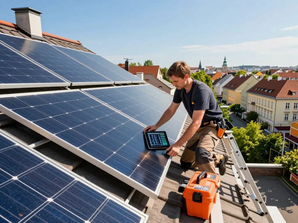Wohnliche Solaranlage in Wien, die einen Experteninstallateur zeigt, der die Solar Wien Technologie für nachhaltige Energie optimiert.