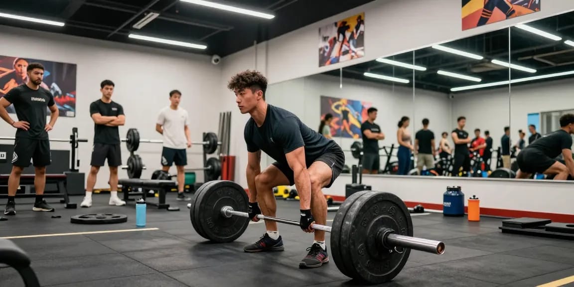 Kraftsportler hebt Gewichte im Steroidshop-Fitnessstudio und zeigt Stärke und Fitness.