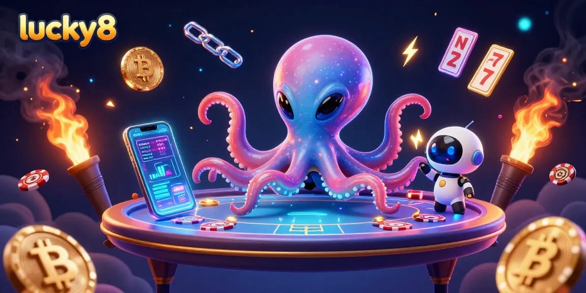 Experience thrilling gameplay with lucky8 at a holographic poker table featuring an alien octopus and vibrant casino elements.