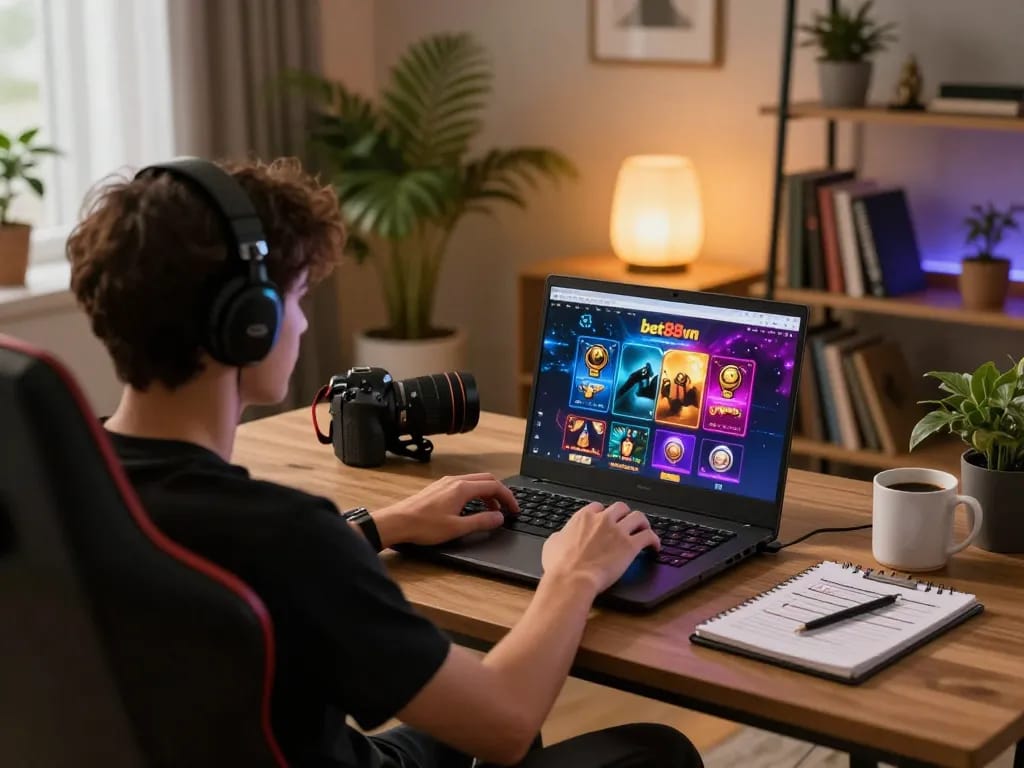 Engaging with bet88vn casino interface on a laptop, highlighting modern gaming experience
