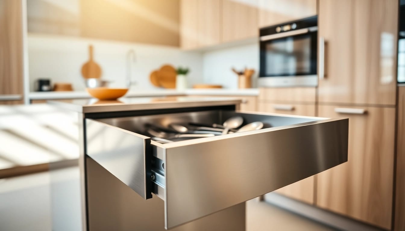 Präsentation des Double Wall Drawer System in einer modernen Küchenschublade, die eine glatte Metalloberfläche zeigt.