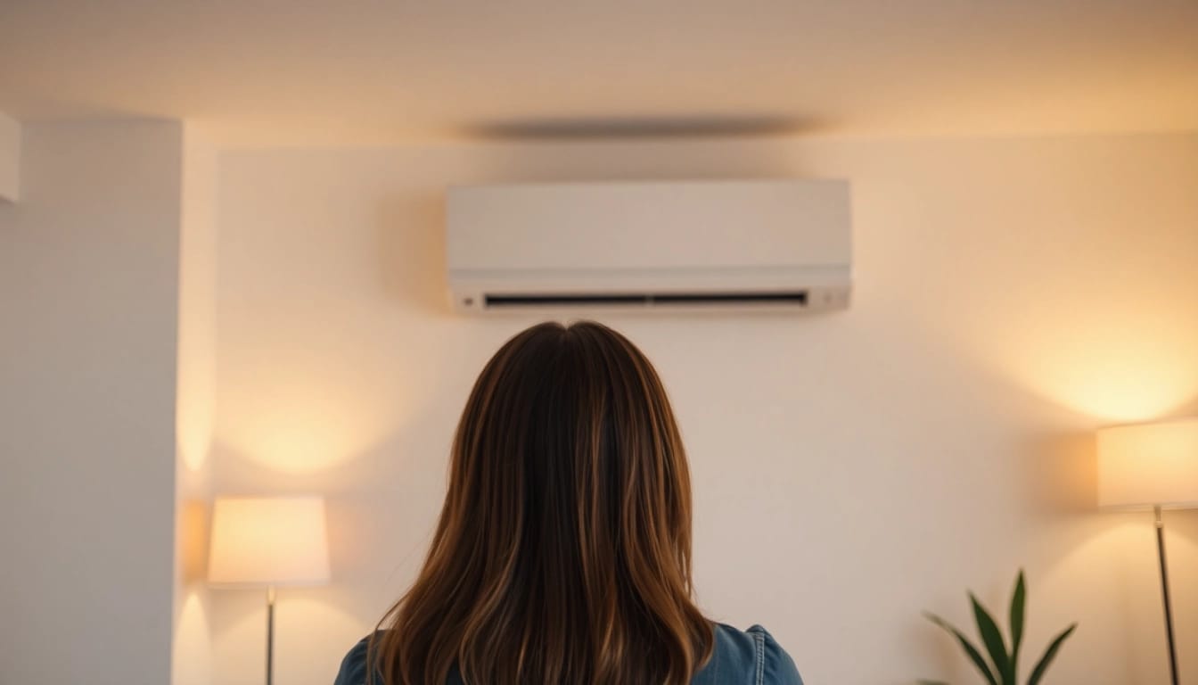 Klimaanlage im modernen Wohnzimmer mit sanftem Licht und eleganter Ausstattung