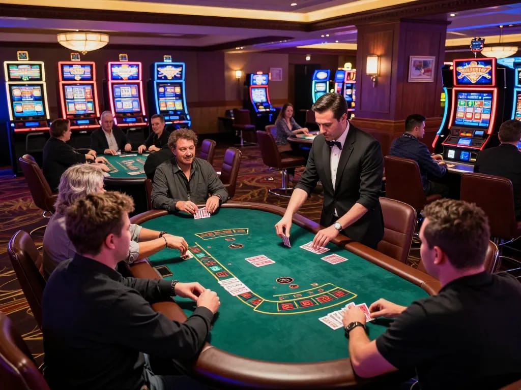 Engaged players strategizing at a blackjack table in a lively casino, highlighting Go8 gaming experience.