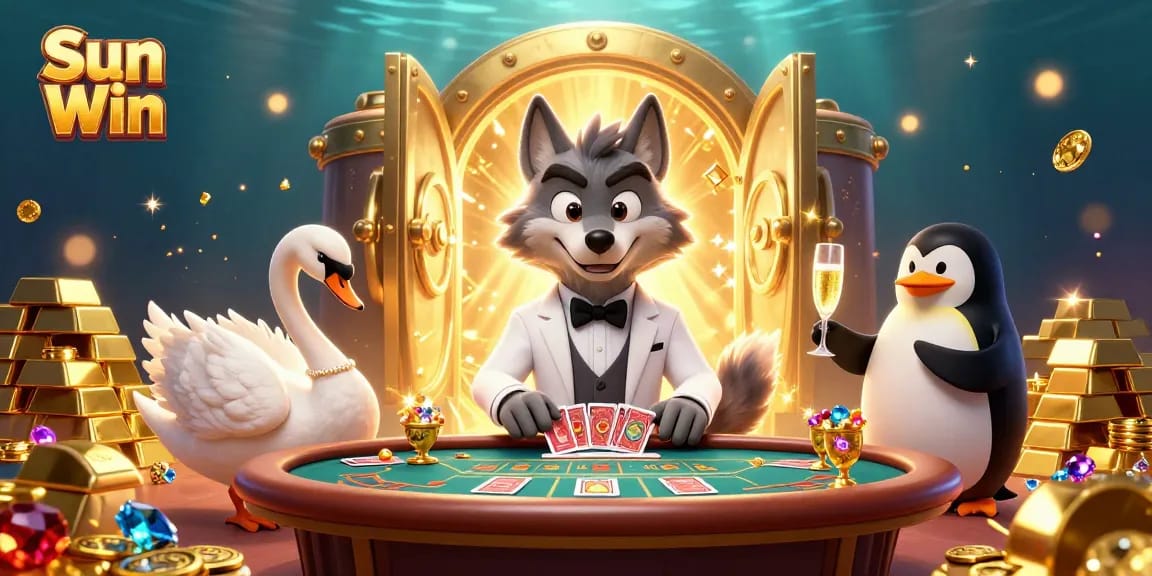 Play at Sun Win's vibrant baccarat table with luxurious characters amidst heaps of riches and sparkling gems.