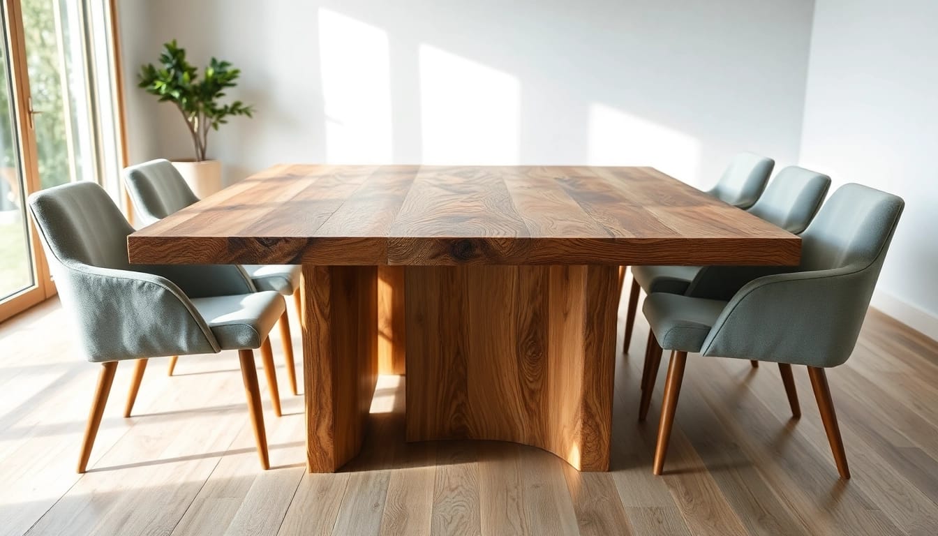 Massiver Eiche Esstisch mit Baumkante im eleganten Esszimmer, hell erleuchtet, hochwertige Holzmaserung hervorgehoben.
