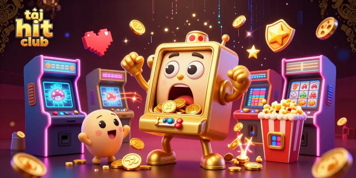 Experience the excitement of tải hit club with vibrant 3D slot machines and gold coins raining down.