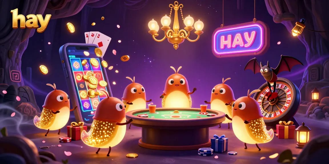 Experience the hay casino magic with glowing glowworms lighting the table in this vibrant 3D illustration.