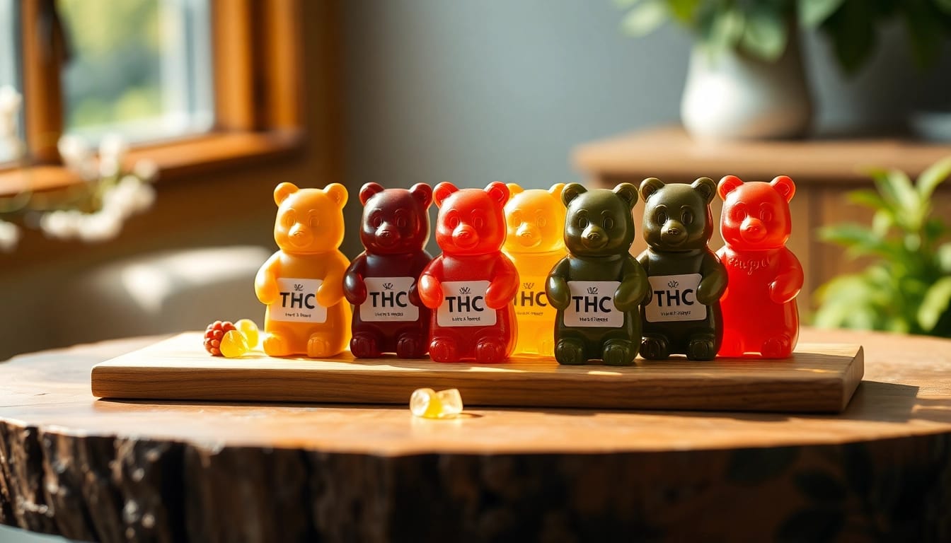 Enthülle die köstlichen thc gummibären in bunten Farben, sorgfältig angerichtet auf einem rustikalen Holztablett.